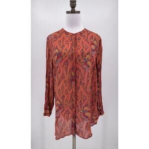 Lucky Brand Womens Red Multicolor Floral Long Sleeve Button Top Sz L